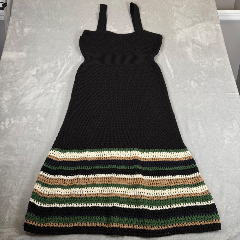 Jason Wu Black Crochet Knit Midi Dress Striped Hem XL Sleeveless Boho Designer